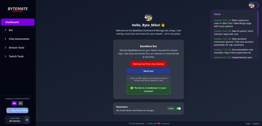 ByteMate Twitch Bot All-in-One Dashboard – Übersicht