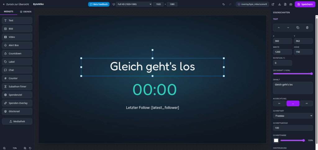 Overlay Builder von ByteMate mit Alert-Box, Chat- und Counter-Widget auf der Leinwand