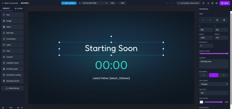 ByteMate Overlay Builder with alert box, chat and counter widgets on the canvas
