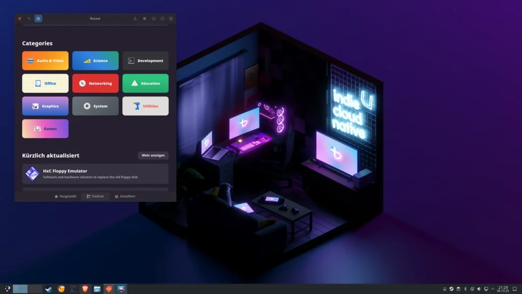 Bazzite-Desktop mit KDE Plasma und geöffnetem App-Store Bazaar