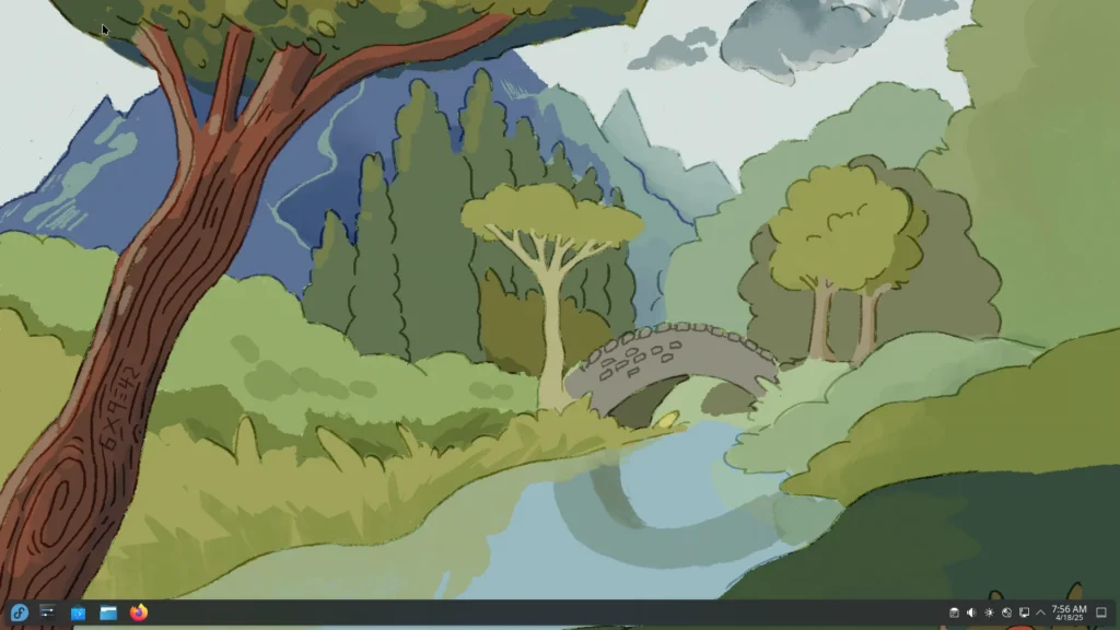 Fedora-Desktop mit KDE Plasma, gezeichnetem Hintergrundbild und Taskleiste am unteren Rand