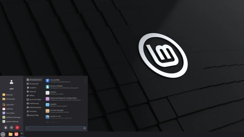 Desktop von Linux Mint mit geöffnetem Startmenü unten links und Taskleiste