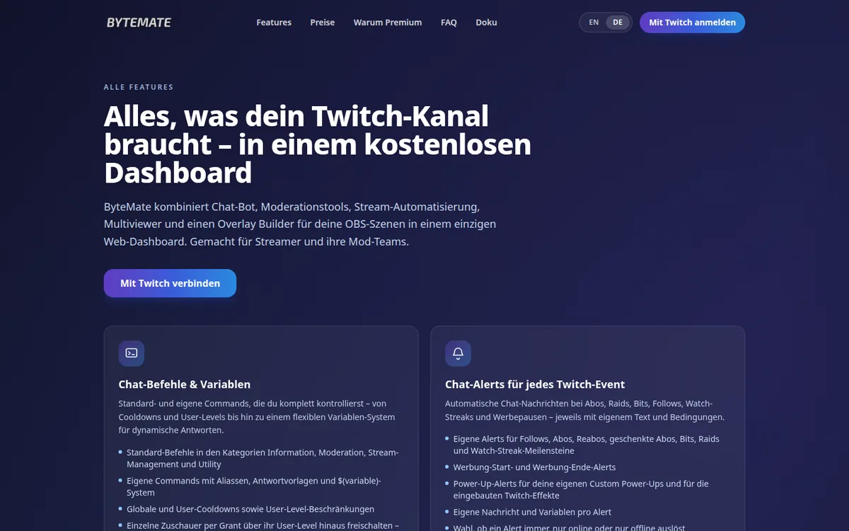 Feature-Übersicht von ByteMate, dem Dashboard für Twitch-Streamer
