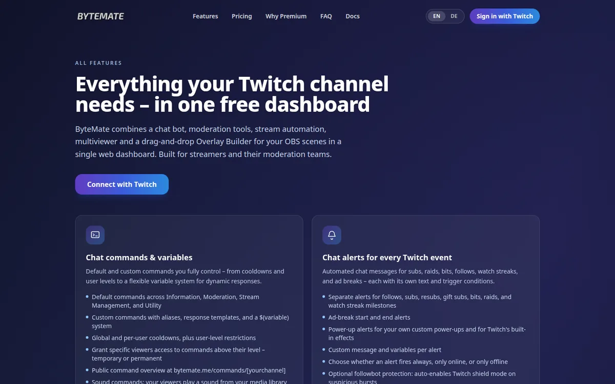 Feature overview of ByteMate, the dashboard for Twitch streamers