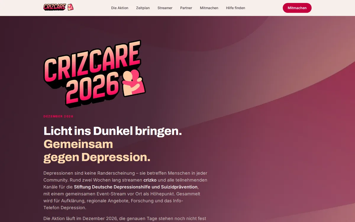 Startseite von crizcare.de: Charity-Aktion gegen Depression im Dezember 2026