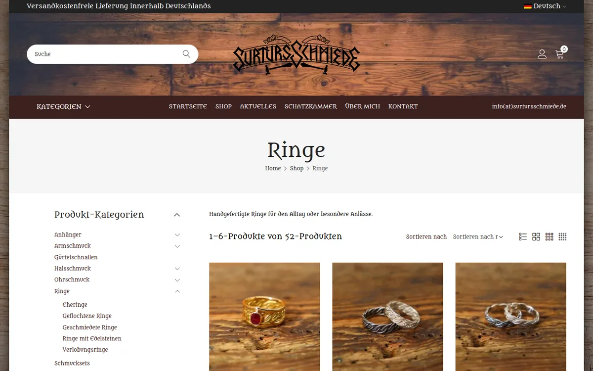 Kategorieseite „Ringe“ im Online-Shop von Surturs Schmiede mit Produktfiltern und Schmuckfotos