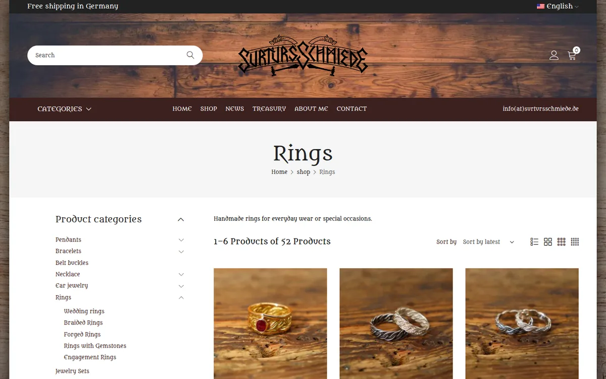 Rings category page of the Surturs Schmiede online shop with product filters and jewellery photos