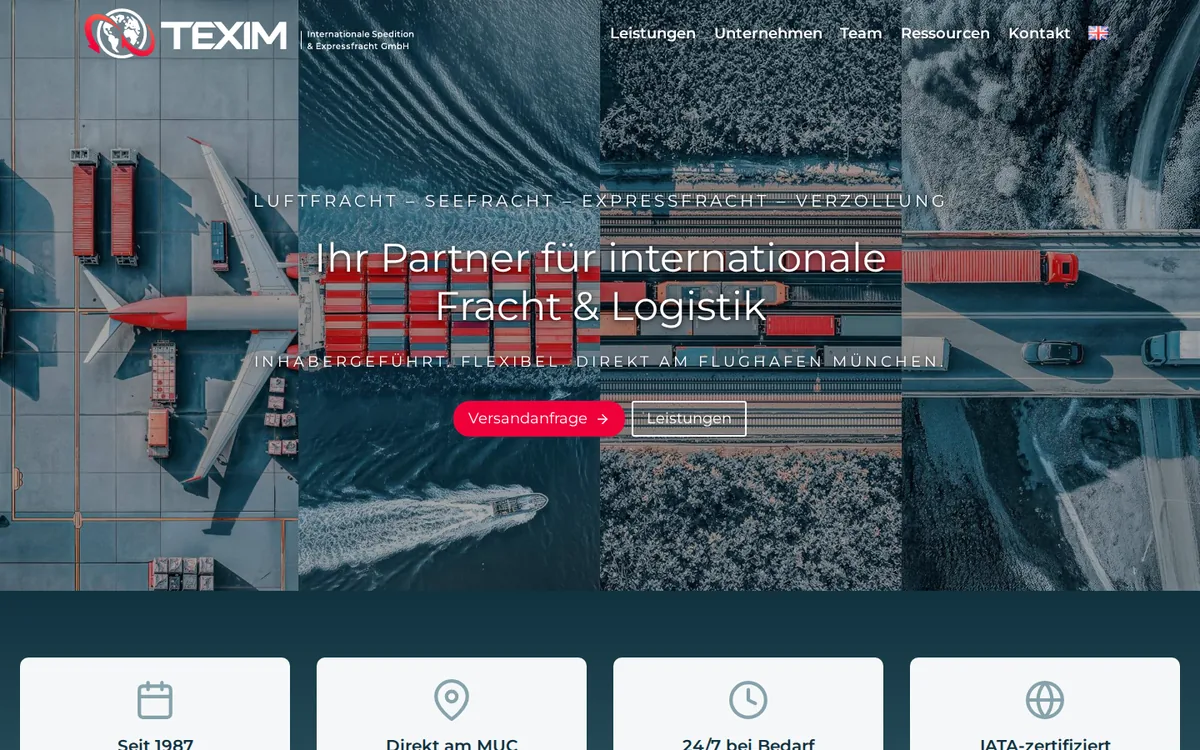 Startseite von texim.de: Spedition am Flughafen München mit Luftfracht, Seefracht und Versandanfrage