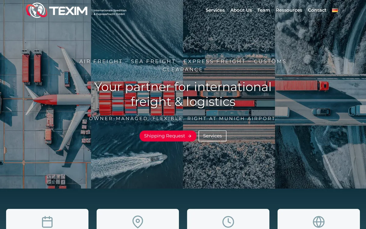 texim.de homepage: freight forwarder at Munich Airport offering air freight, sea freight and shipping requests